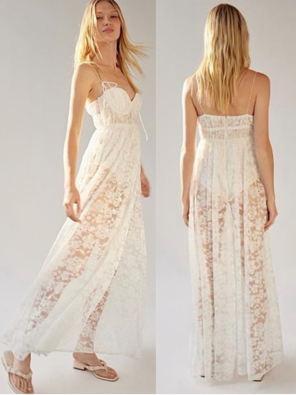 For Love and Lemons Lorena White Lace Corset Bodysuit Maxi Dress Bridal Med NWT